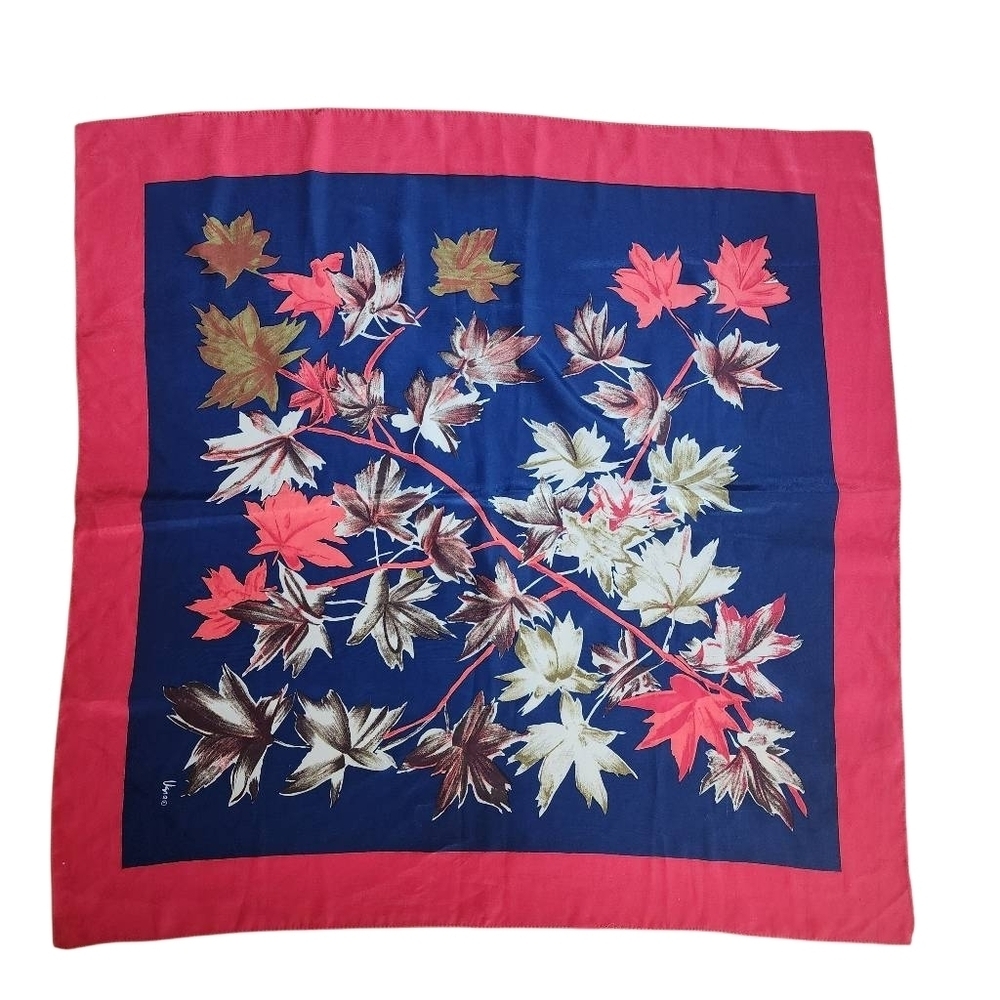Vintage Uana Red & Blue Fall Leaves Silk Scarf